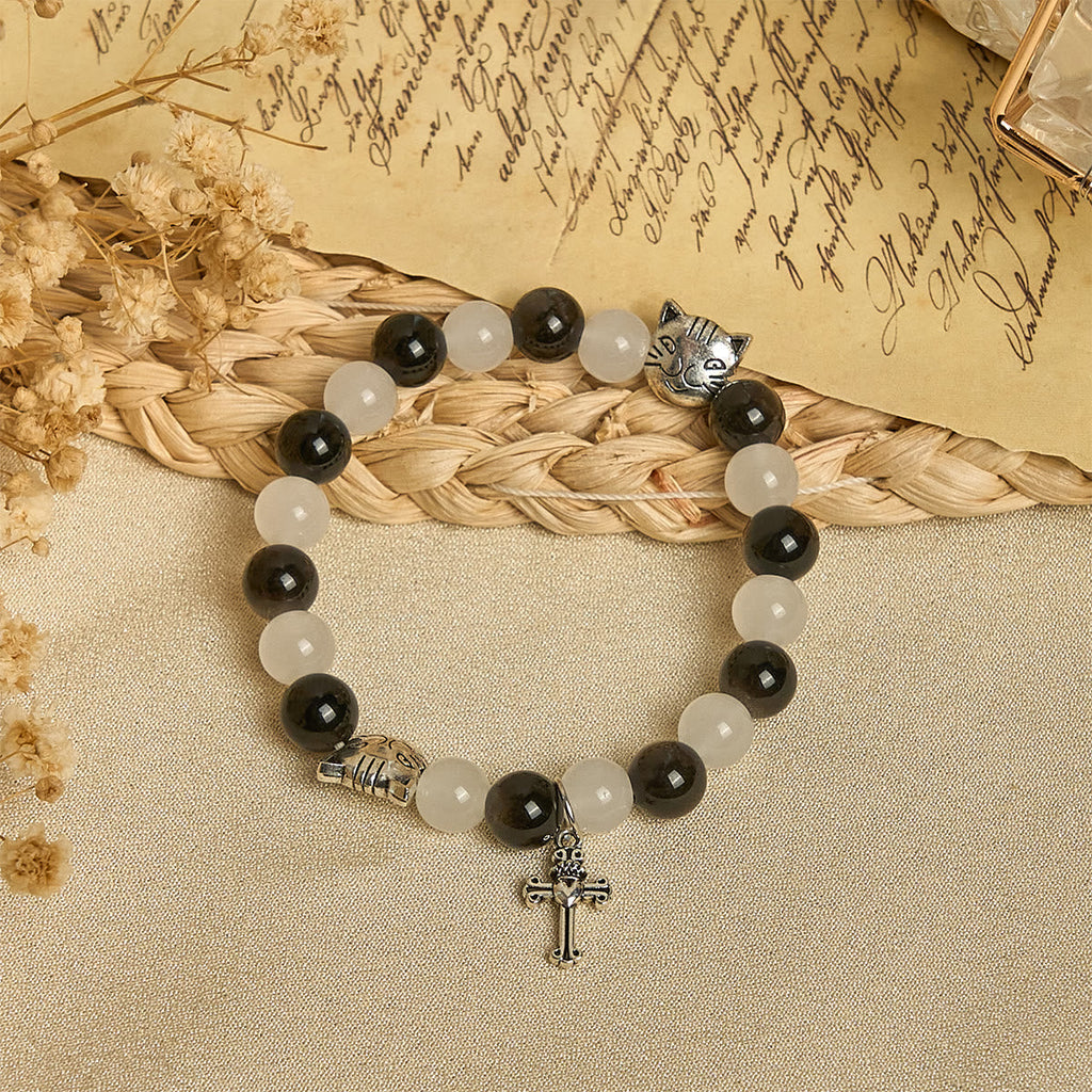 Pulsera de Cuentas con Gata Blanca y Negra "Bendición de la Virgen", Rosario Animal