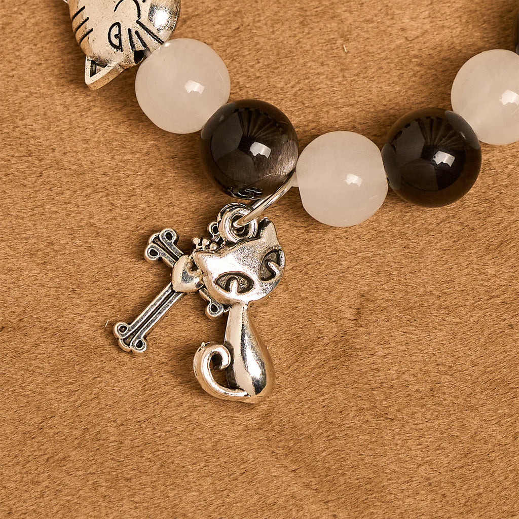 Pulsera Animal de Cuentas con Gata Blanca y Negra "Bendición de la Virgen"