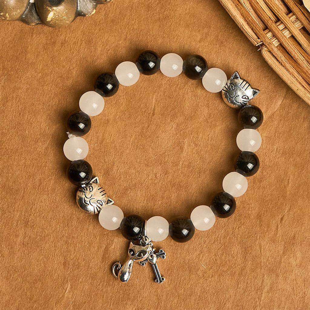 Pulsera de Cuentas con Gata Blanca y Negra "Bendición de la Virgen", Rosario Animal