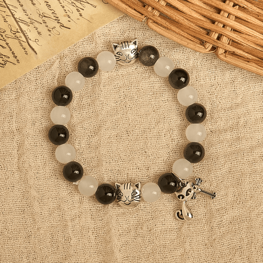 Pulsera de Cuentas con Gata Blanca y Negra "Bendición de la Virgen", Rosario Animal