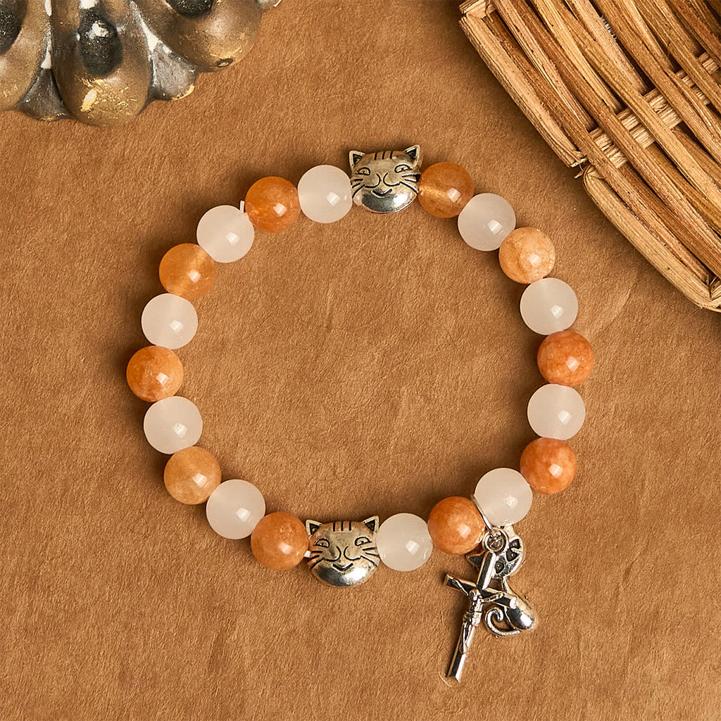 Pulsera de Cuarzo Naranja y Blanco con Dijes de Gato Atigrado en Acero, Rosario Animal