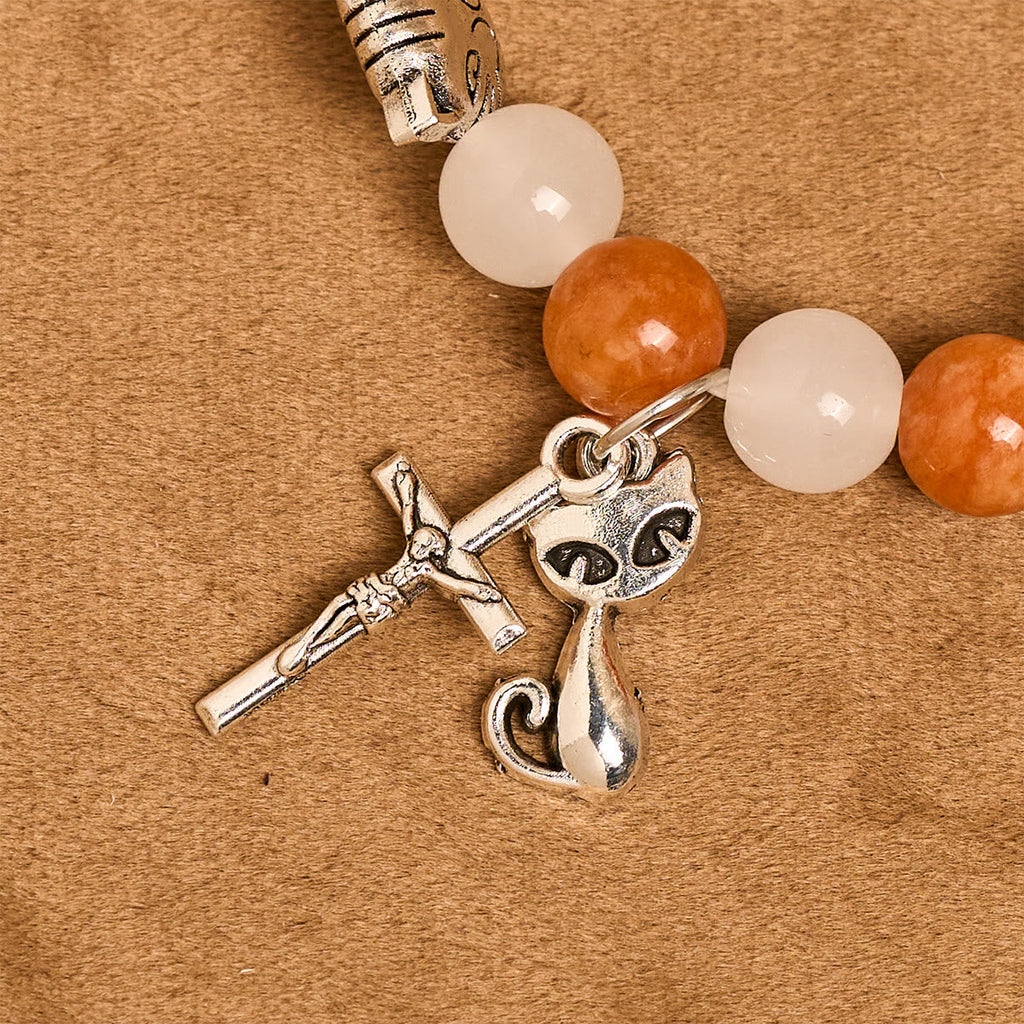 Pulsera Animal de Cuarzo Naranja y Blanco con Dijes de Gato Atigrado en Acero