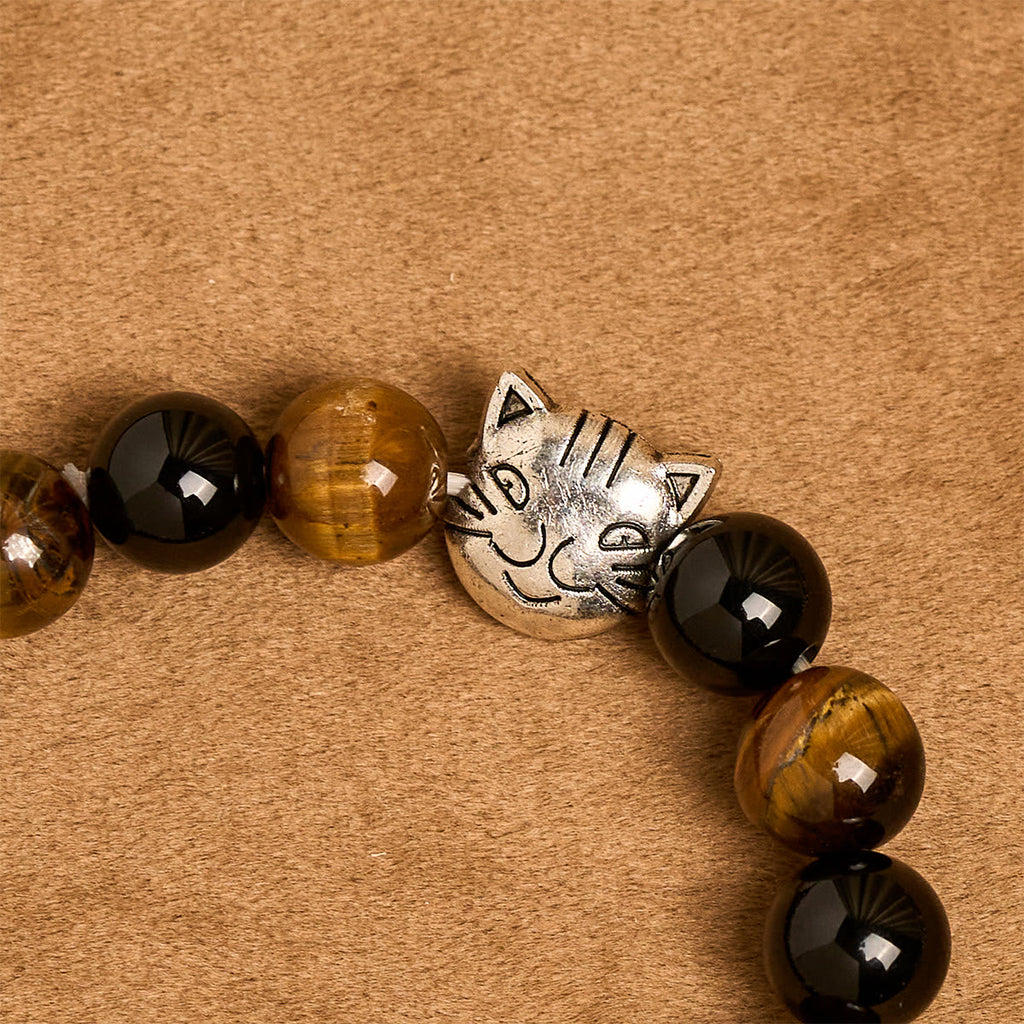 Pulsera Animal de Oración con Gato Atigrado Fiel y Cuentas Café y Negras