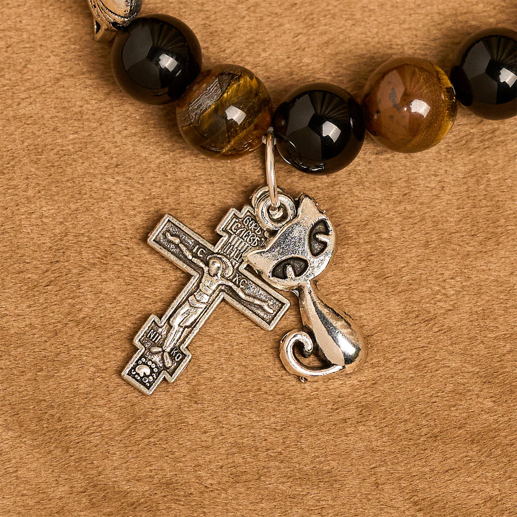 Pulsera Animal de Oración con Gato Atigrado Fiel y Cuentas Café y Negras