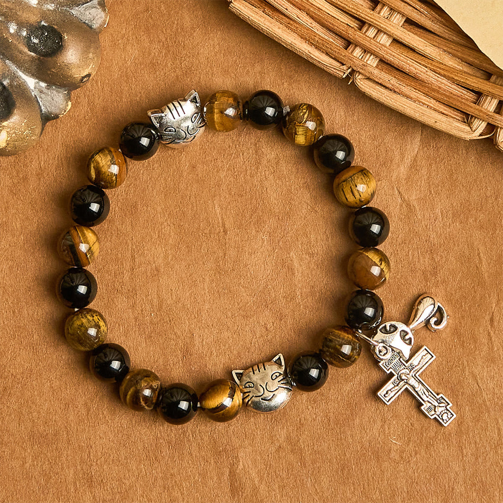 Pulsera Animal de Oración con Gato Atigrado Fiel y Cuentas Café y Negras