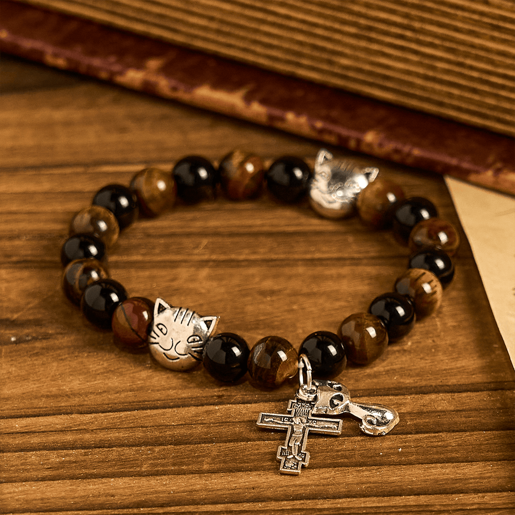 Pulsera Animal de Oración con Gato Atigrado Fiel y Cuentas Café y Negras