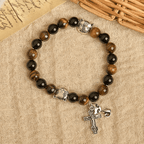 Pulsera Animal de Oración con Gato Atigrado Fiel y Cuentas Café y Negras