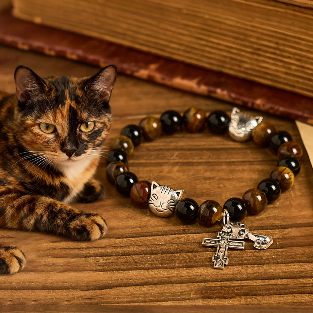 Pulsera Animal de Oración con Gato Atigrado Fiel y Cuentas Café y Negras