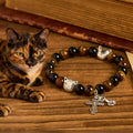 Pulsera Animal de Oración con Gato Atigrado Fiel y Cuentas Café y Negras