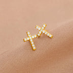 Aretes Minimalistas de Cruz de Fe en Plata S925 Bicolor