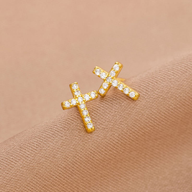 Aretes Minimalistas de Cruz de Fe en Plata S925 Bicolor VIP