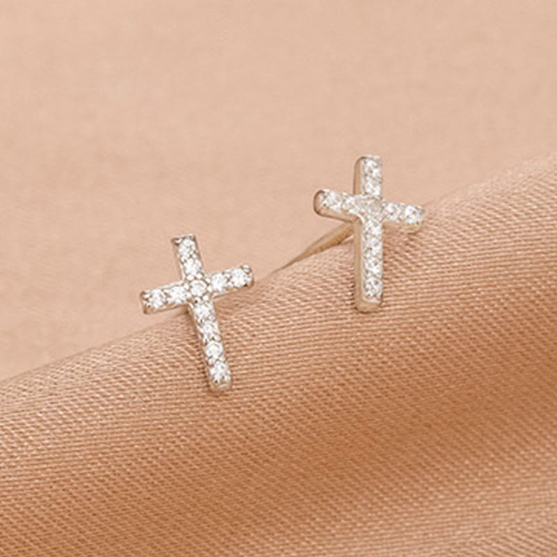 Aretes Minimalistas de Cruz de Fe en Plata S925 Bicolor