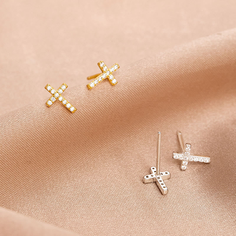 Aretes Minimalistas de Cruz de Fe en Plata S925 Bicolor VIP
