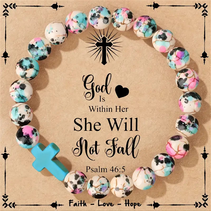 Pulsera Inspiradora de Cruz Salmo 46:5 con Cuentas Craqueladas de Colores