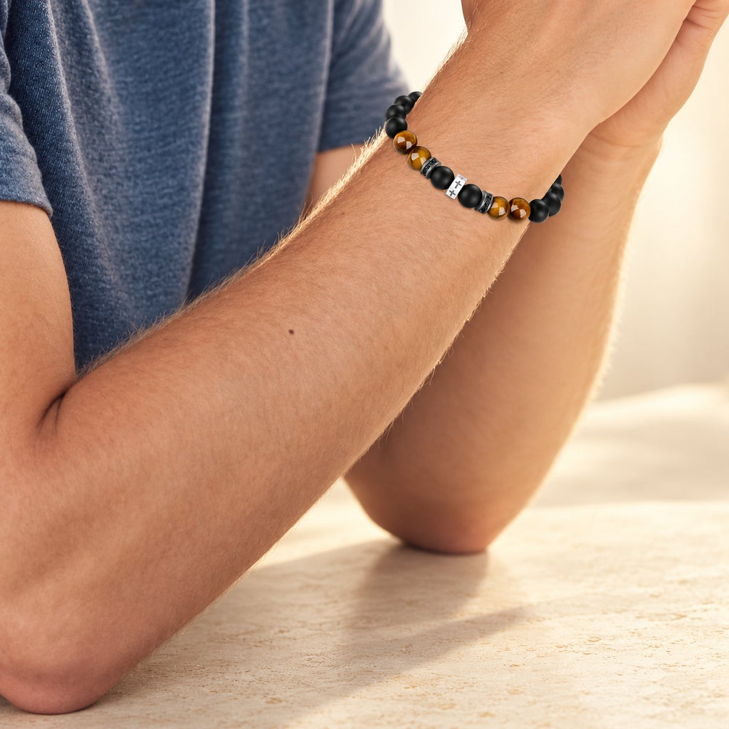 Cross Bracelet with Tiger's Eye, Black Onyx & CZ-Accented Stainless