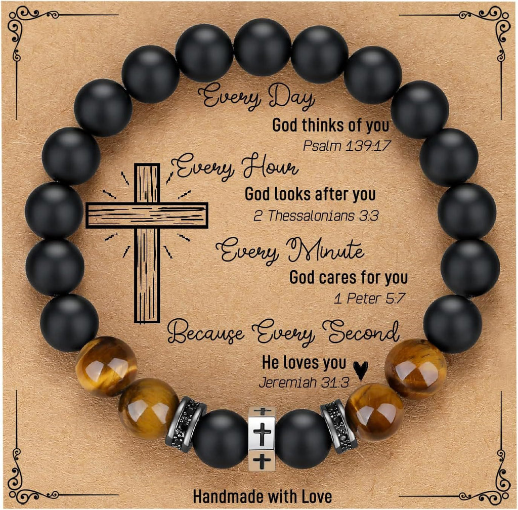 Pulsera de Cruz con Ojo de Tigre, Ónix Negro y Circonita en Acero Inoxidable