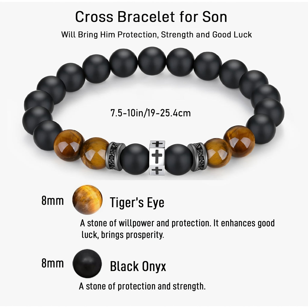 Pulsera de Cruz con Ojo de Tigre, Ónix Negro y Circonita en Acero Inoxidable