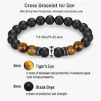 Pulsera de Cruz con Ojo de Tigre, Ónix Negro y Circonita en Acero Inoxidable