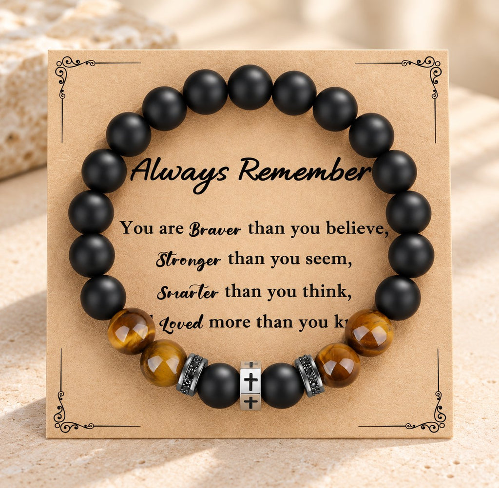 Cross Bracelet with Tiger's Eye, Black Onyx & CZ-Accented Stainless