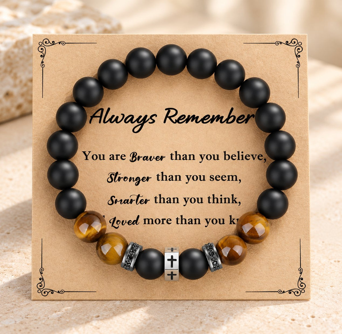 Cross Bracelet with Tiger's Eye, Black Onyx & CZ-Accented Stainless