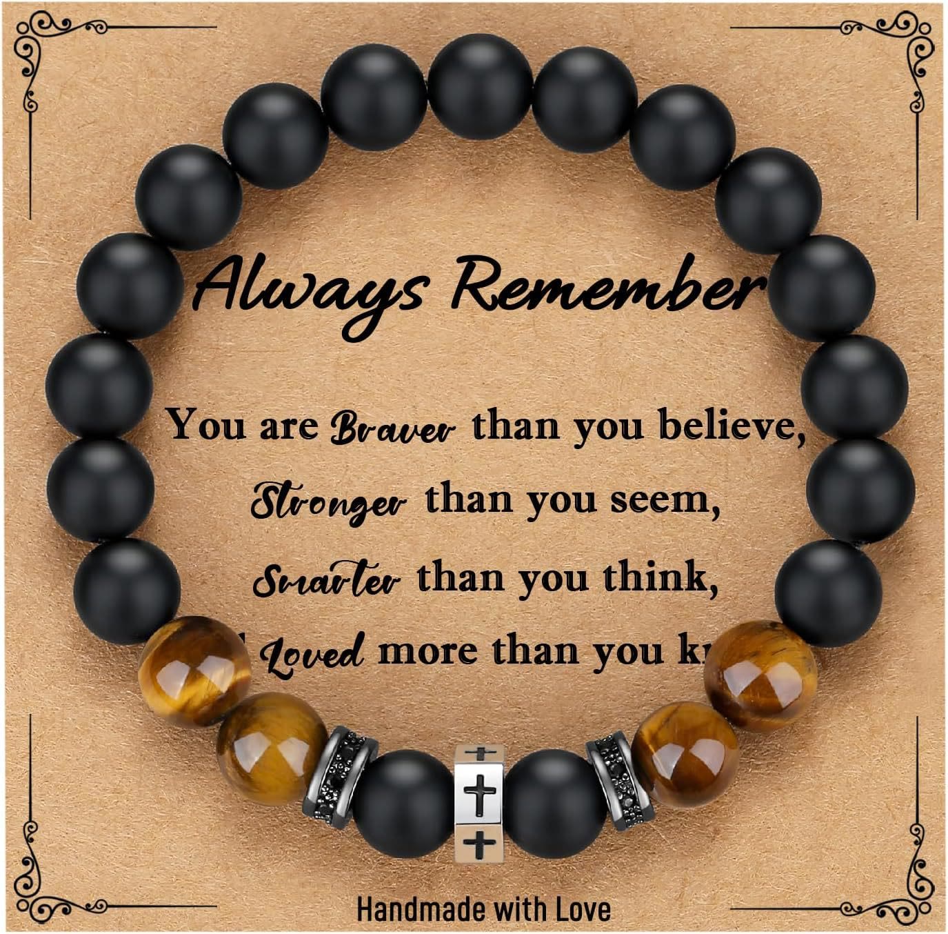Pulsera de Cruz con Ojo de Tigre, Ónix Negro y Circonita en Acero Inoxidable