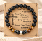 Cross Bracelet with Tiger's Eye, Black Onyx & CZ-Accented Stainless