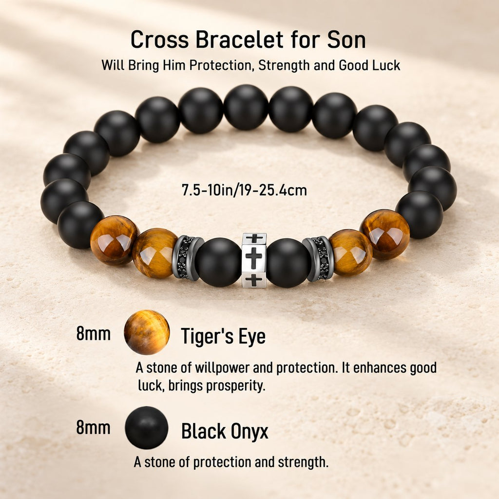 Cross Bracelet with Tiger's Eye, Black Onyx & CZ-Accented Stainless