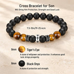 Cross Bracelet with Tiger's Eye, Black Onyx & CZ-Accented Stainless