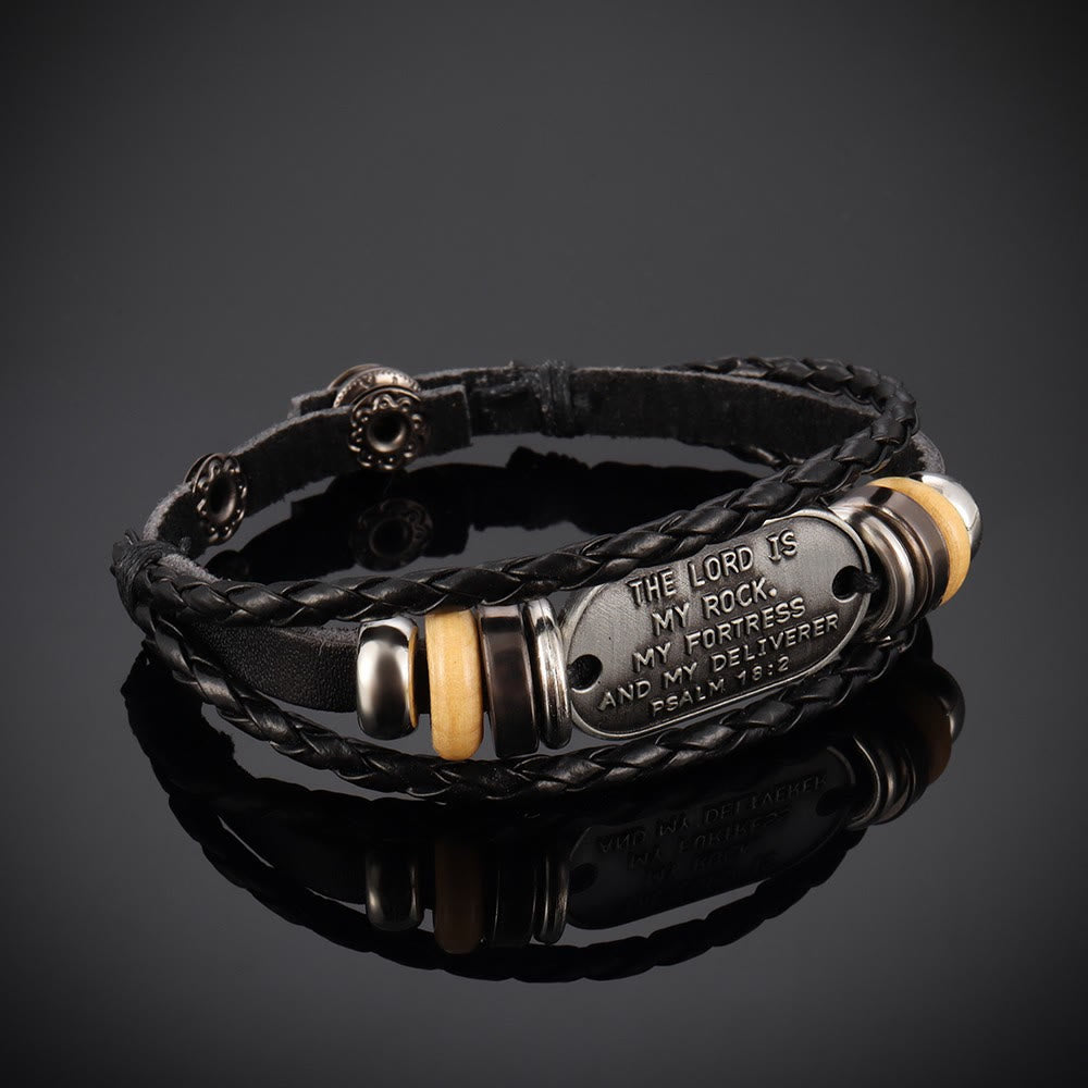 Pulsera Artesanal de Cuero Trenzado con Inscripción Salmo 18:2