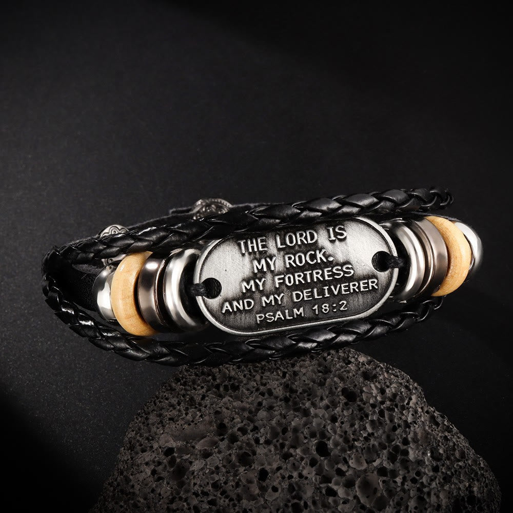 Pulsera Artesanal de Cuero Trenzado con Inscripción Salmo 18:2