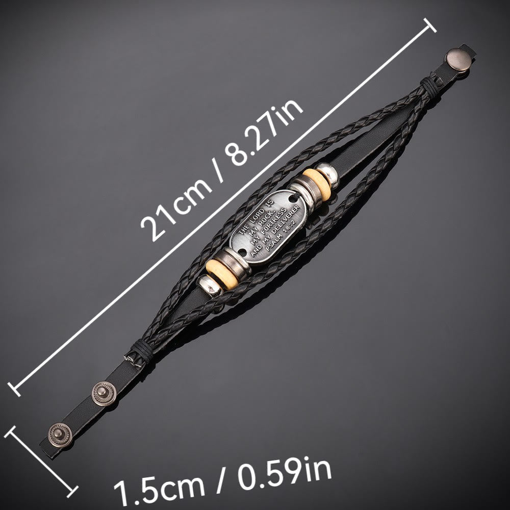 Pulsera Artesanal de Cuero Trenzado con Inscripción Salmo 18:2