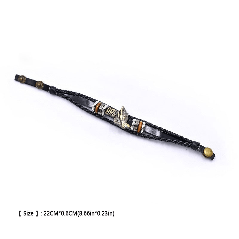 Pulsera de Manos Orando "DIOS ME BENDIGA" con Diseño Trenzado Negro Estilo Retro