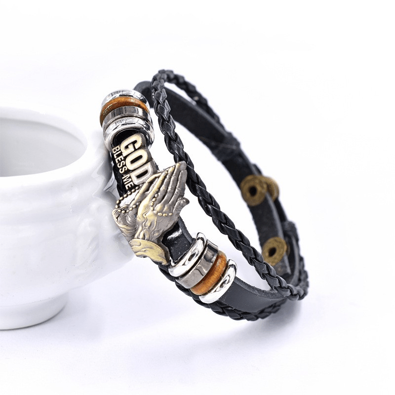 Pulsera de Manos Orando "DIOS ME BENDIGA" con Diseño Trenzado Negro Estilo Retro