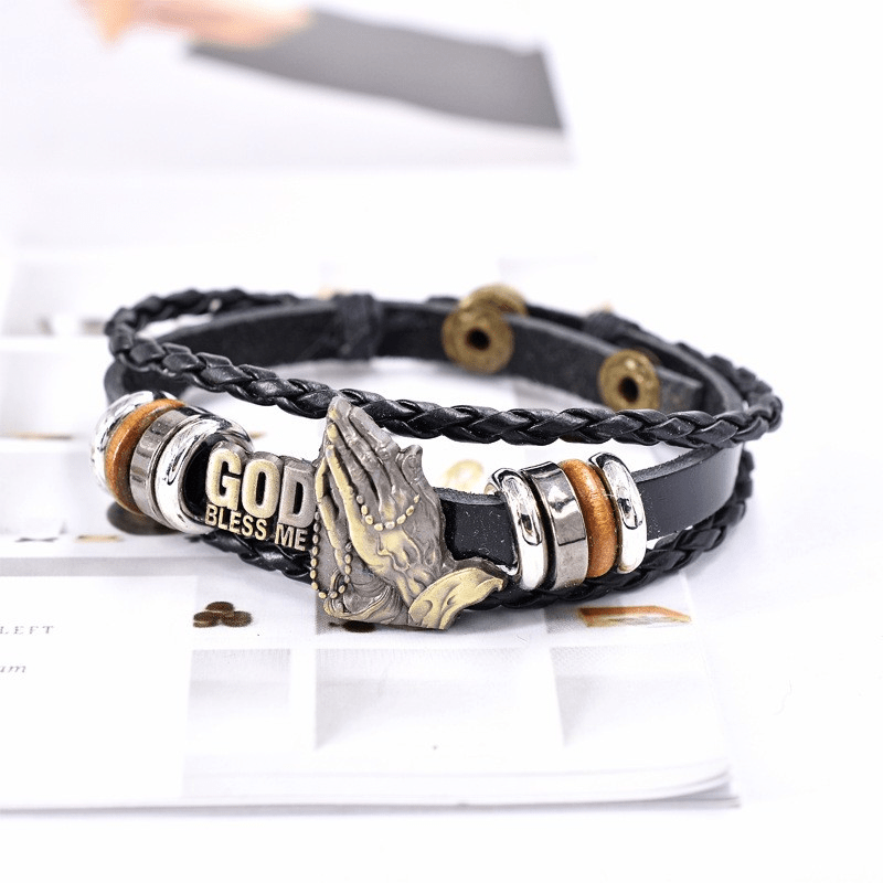 Pulsera de Manos Orando "DIOS ME BENDIGA" con Diseño Trenzado Negro Estilo Retro