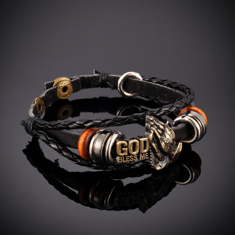 Pulsera de Manos Orando "DIOS ME BENDIGA" con Diseño Trenzado Negro Estilo Retro