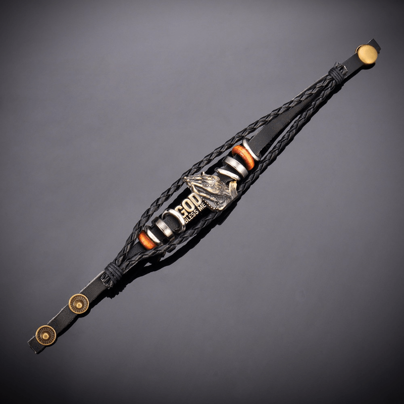 Pulsera de Manos Orando "DIOS ME BENDIGA" con Diseño Trenzado Negro Estilo Retro