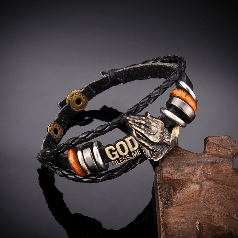 Pulsera de Manos Orando "DIOS ME BENDIGA" con Diseño Trenzado Negro Estilo Retro