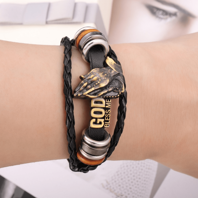 Pulsera de Manos Orando "DIOS ME BENDIGA" con Diseño Trenzado Negro Estilo Retro
