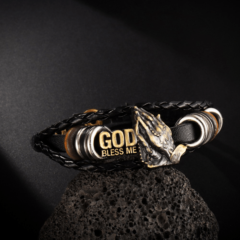 Pulsera de Manos Orando "DIOS ME BENDIGA" con Diseño Trenzado Negro Estilo Retro