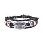 Pulsera de Cuero Trenzado Negro con Inscripción "JESÚS ES EL SEÑOR"