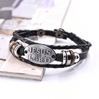 Pulsera de Cuero Trenzado Negro con Inscripción "JESÚS ES EL SEÑOR"