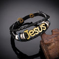 Pulsera de Cuero Trenzado Negro con Dije de Jesús en Dos Tonos