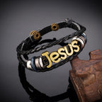 Pulsera de Cuero Trenzado Negro con Dije de Jesús en Dos Tonos