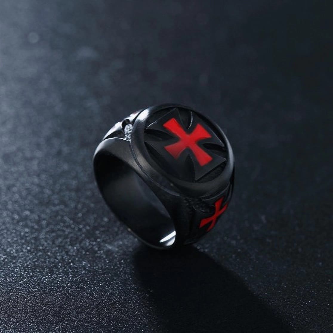 Anillo Sello Cruz Templaria "Armadura de Fe" en Negro y Carmesí