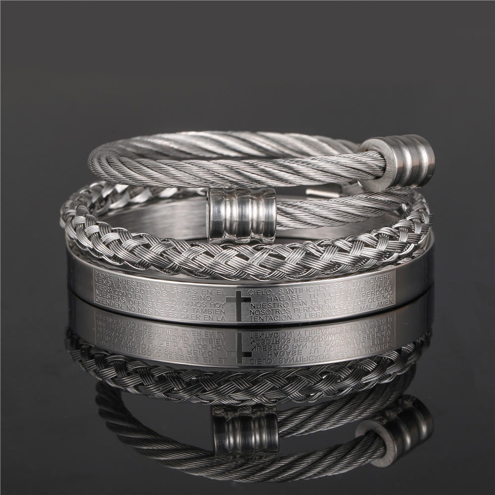 Pulsera de Cruz y Padre Nuestro Trenzada en Espiral Estilo Minimalista