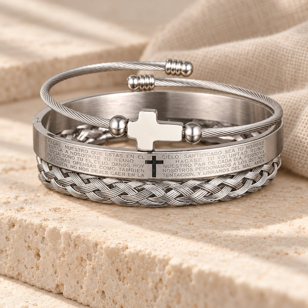 Layered Minimalist Style Spiral-Braid Cross & Lord's Prayer Bracelet