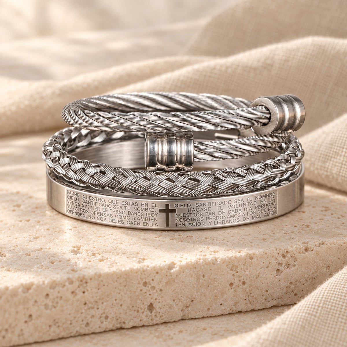 Layered Minimalist Style Spiral-Braid Cross & Lord's Prayer Bracelet