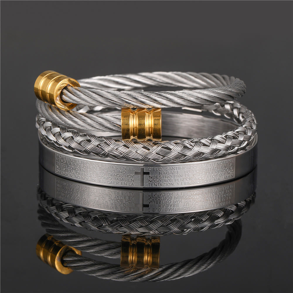 Pulsera de Cruz y Padre Nuestro Trenzada en Espiral Estilo Minimalista