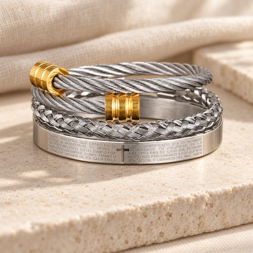 Layered Minimalist Style Spiral-Braid Cross & Lord's Prayer Bracelet