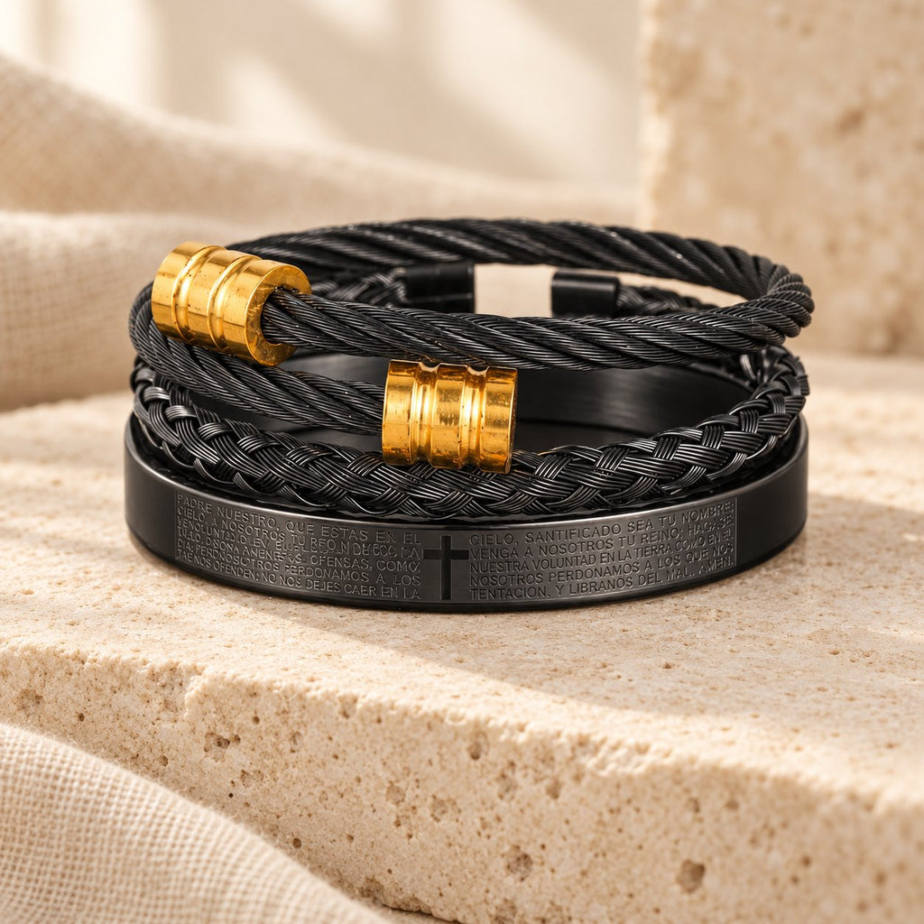 Layered Minimalist Style Spiral-Braid Cross & Lord's Prayer Bracelet